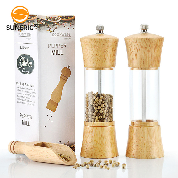 6 inch acrylic mill beech wood manual pepper grinder for salt and spice