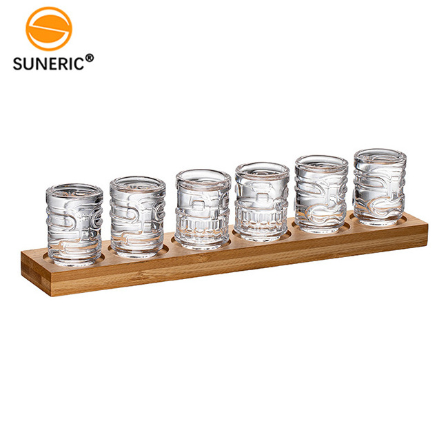 Wholesale 50ml Mini TIKI Shot Glasses Gift Set with Wooden Holder For Bar Party Wedding Custom Logo Mexican Tequila Shot Glasses