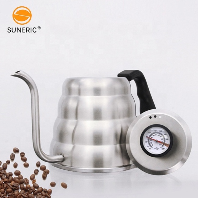 1L stainless steel flow gooseneck tea kettles pour over coffee drip kettle with built in thermometer