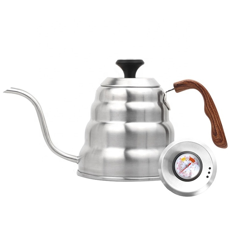 1L stainless steel flow gooseneck tea kettles pour over coffee drip kettle with built in thermometer