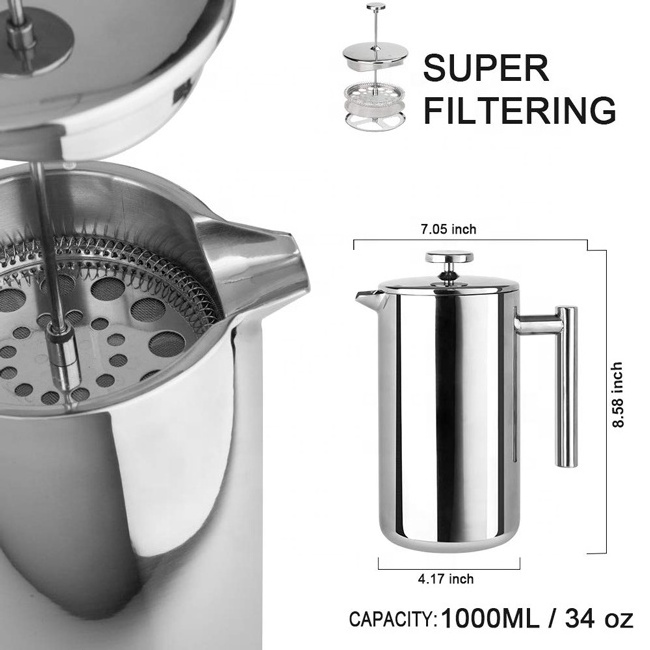 Coffee Plunger Tea Strainer Pot Portable Double Wall Insulated Manual 304 Stainless Steel French Press Coffee Maker