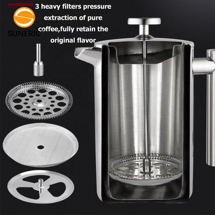 Coffee Plunger Tea Strainer Pot Portable Double Wall Insulated Manual 304 Stainless Steel French Press Coffee Maker