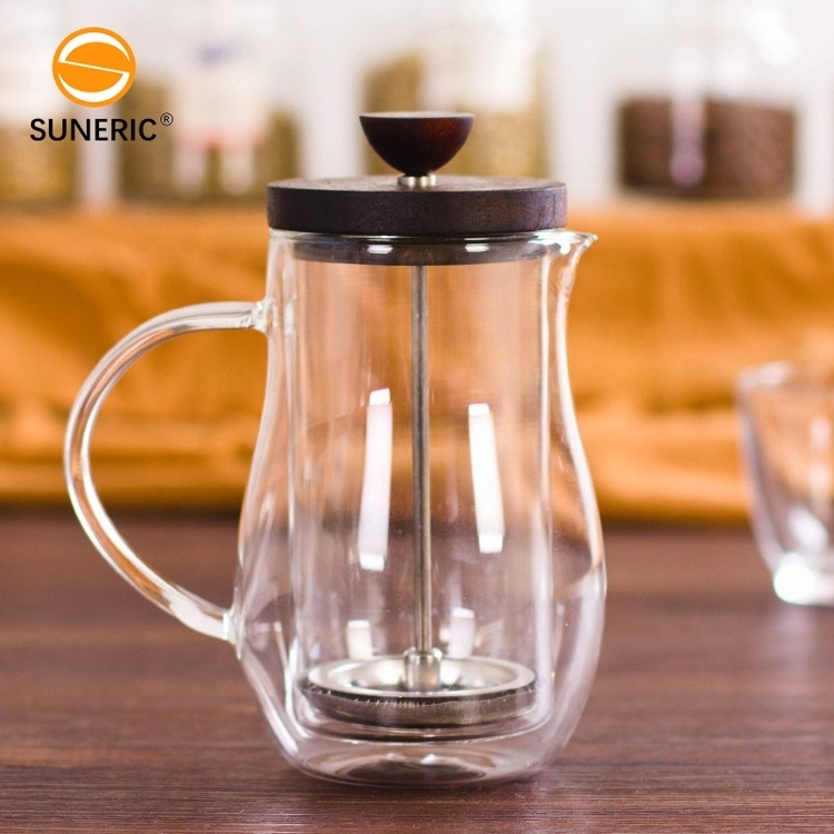 Portable Custom Logo Tea Coffee Makers Metal Filter Mesh 600 ml Glass Double Wall French Press