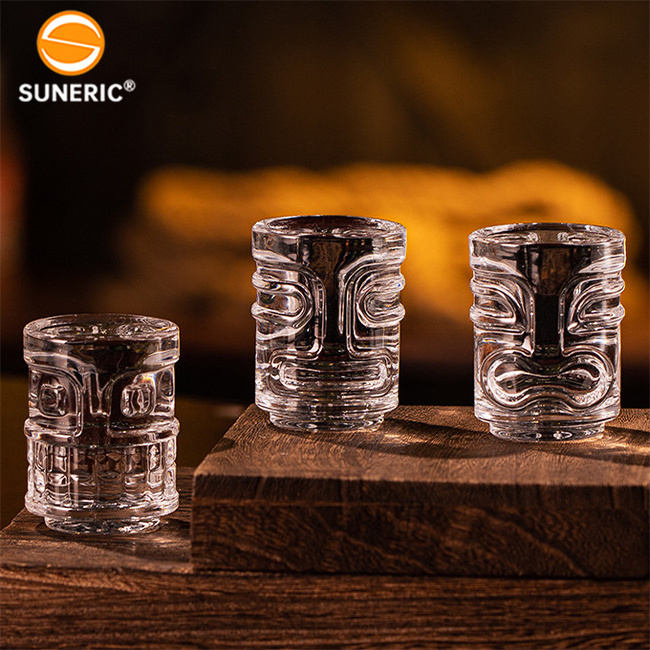 Wholesale 50ml Mini TIKI Shot Glasses Gift Set with Wooden Holder For Bar Party Wedding Custom Logo Mexican Tequila Shot Glasses