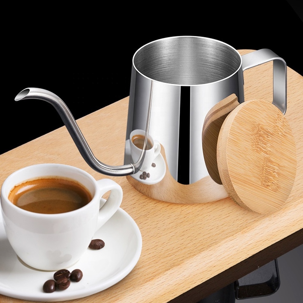 Long Spout Hanging Ears Wood Lid Coffee Pot Portable Stainless Steel Hand Drip Gooseneck Pour Over Coffee Kettle