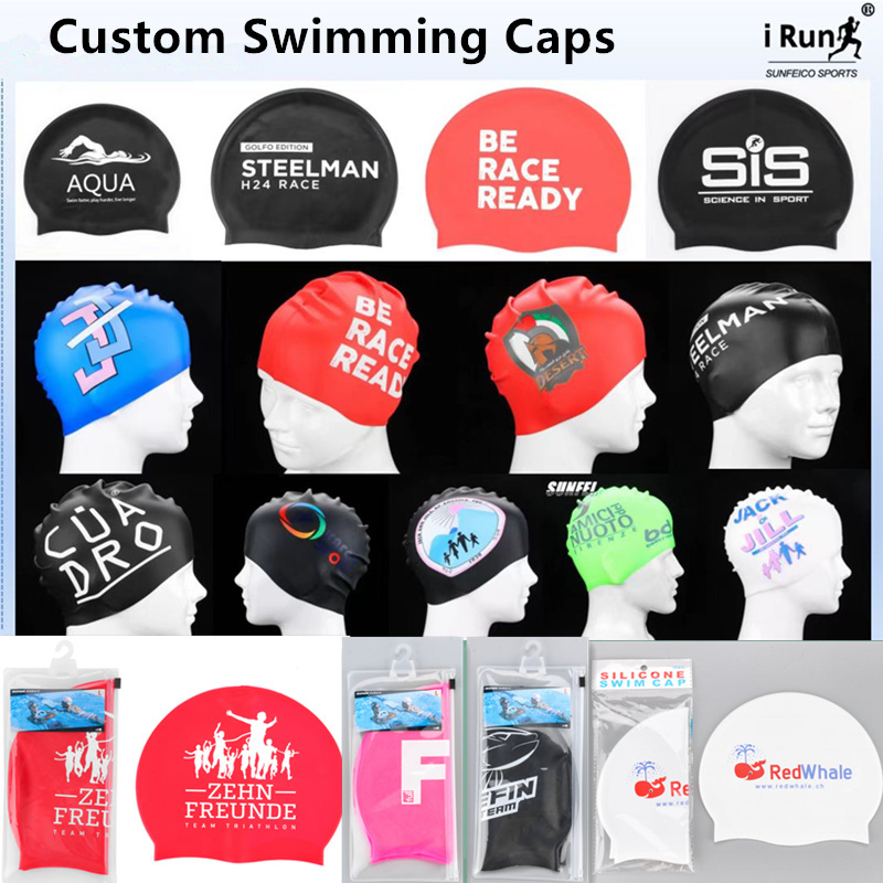 iRun OEM Customized Logo Various Color Lycra swimming cap Spandex Swim cap Fabric Polyester Swimming cap for Adult and Kids