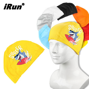 iRun Custom Logo Lycra Swimming Cap Nylon Material Print Cartoon Shark Swim Cap PU Cholder Kids Swim Hat