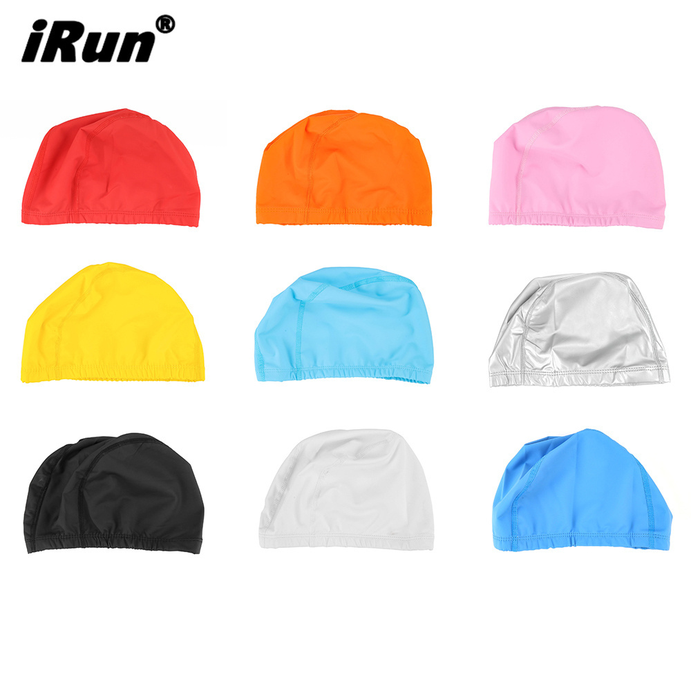 iRun OEM Customized Logo Various Color Lycra swimming cap Spandex Swim cap Fabric Polyester Swimming cap for Adult and Kids