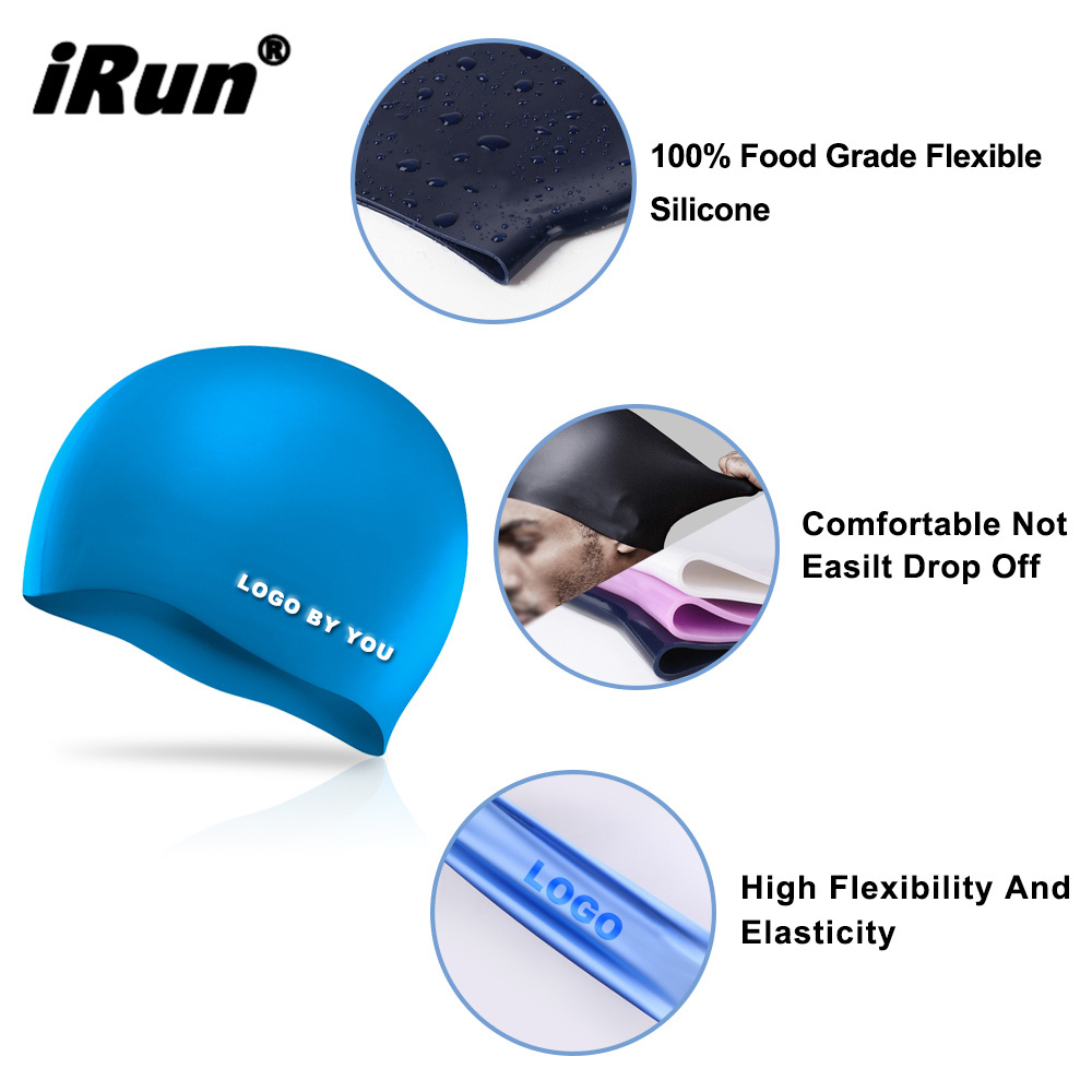 iRun Custom Logo Pattern National Flag Printed Waterproof Silicone Latex Swim Cap Waterproof Eco Friendly Silicone Swimming Caps