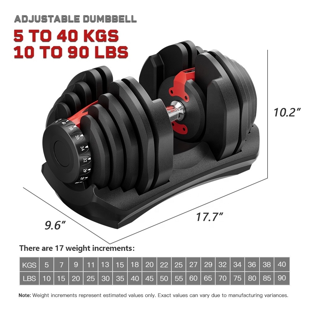 Home Gym Workout Equipment 5 to 40kg 10 to 90 lbs Pair Adjustable Dumbbell For Men and Women