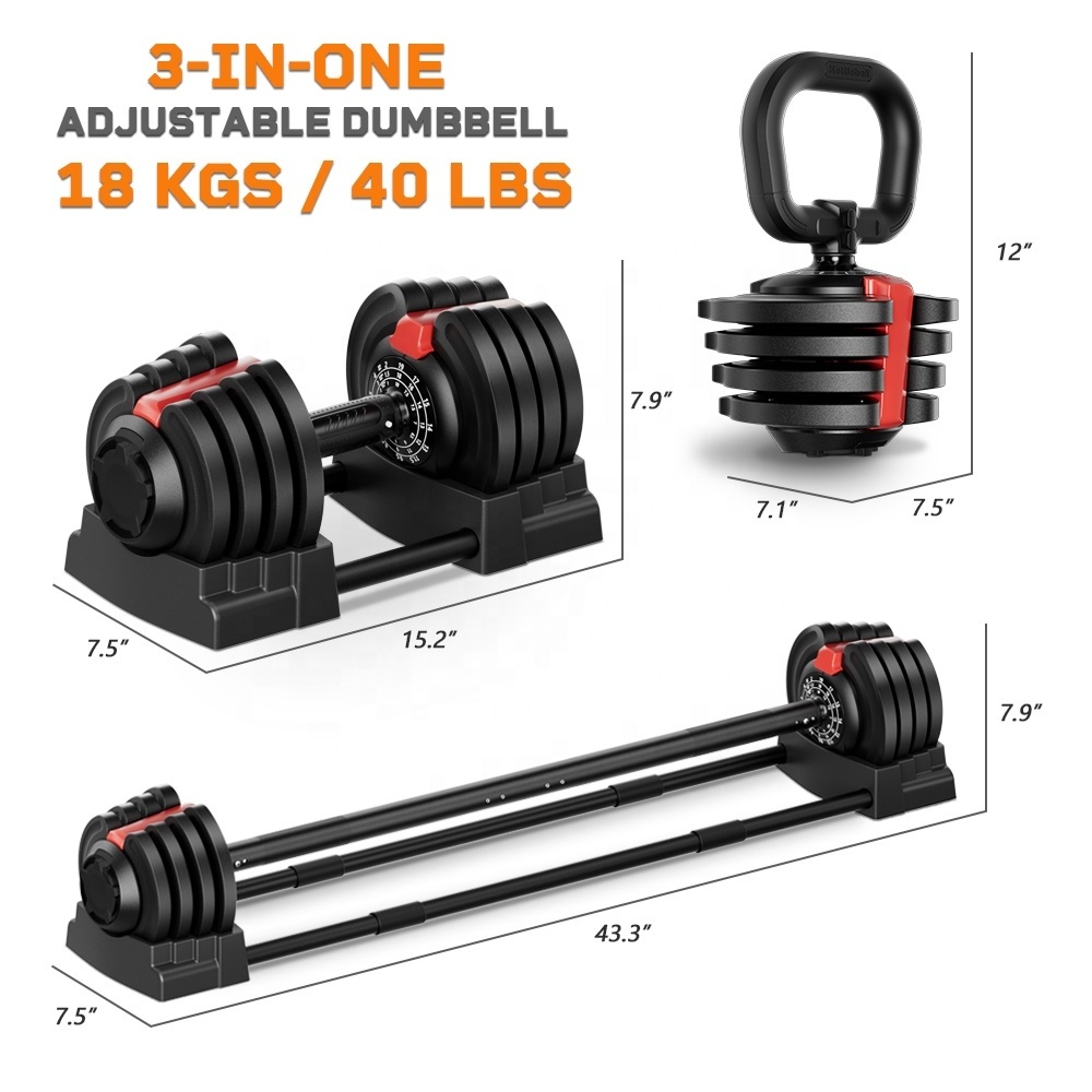 2023 New 3 In One Design High Quality18Kg 40Lb Adjustable Dumbbell Barbell Kettlebell For Wholesale