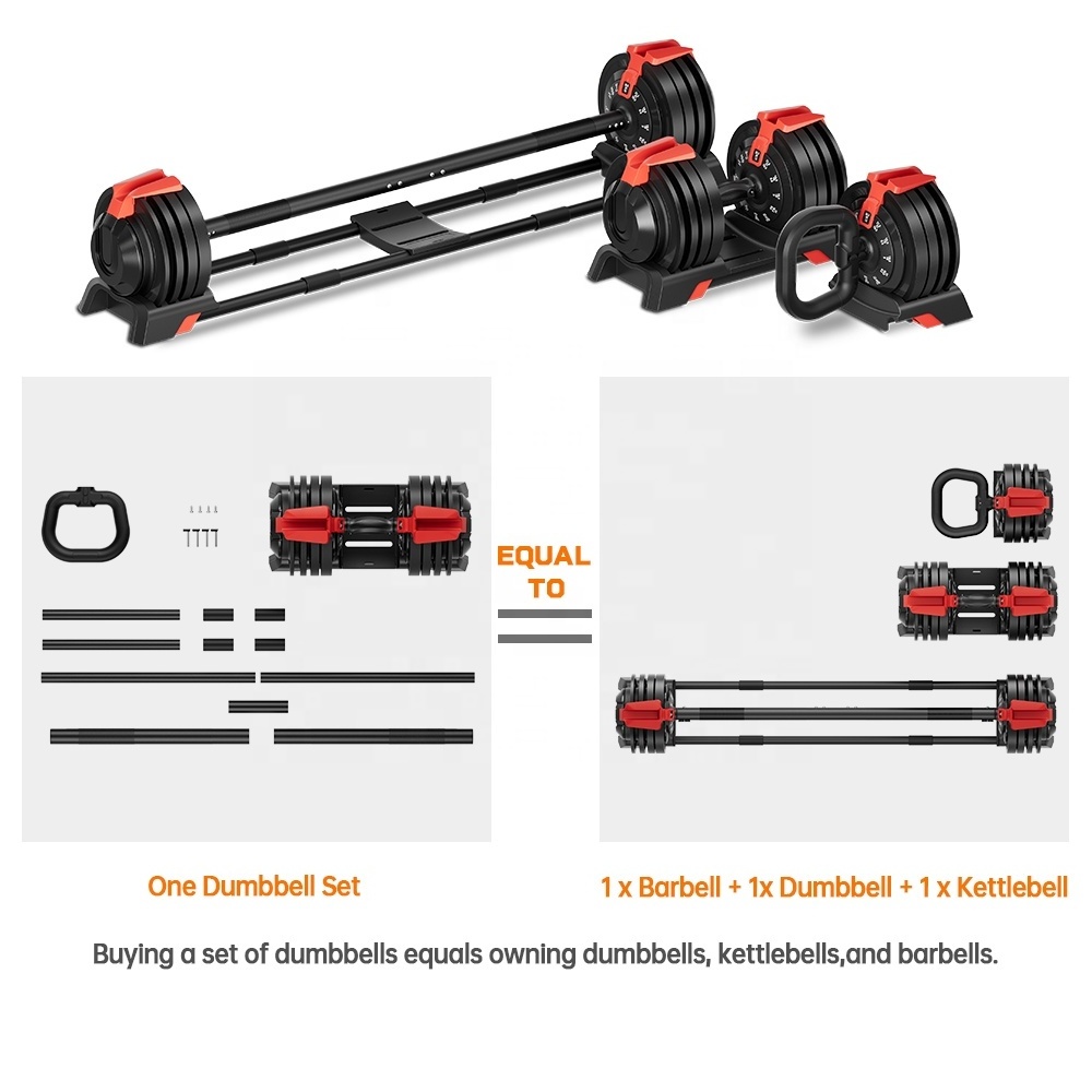 New Design 3 In 1 52.5Lb 24Kg Adjustable Dumbbell Barbell Kettlebell 24 Kg Set For Women Home Gym Training