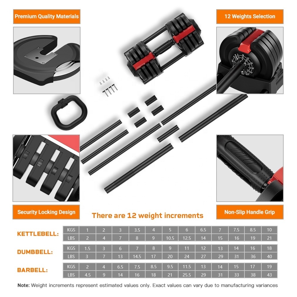 2023 New 3 In One Design High Quality18Kg 40Lb Adjustable Dumbbell Barbell Kettlebell For Wholesale