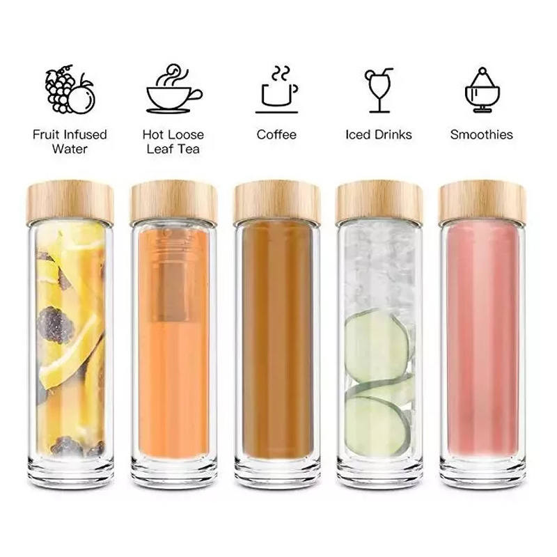 Hot Selling Wholesale Bamboo Lid Double Wall Vacuum 450ml Glass Tea Bottle with Stainless Steel Tea Infuser