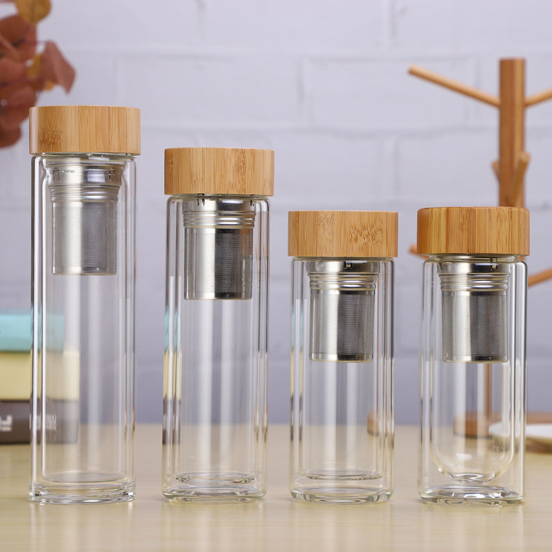 Hot Selling Wholesale Bamboo Lid Double Wall Vacuum 450ml Glass Tea Bottle with Stainless Steel Tea Infuser