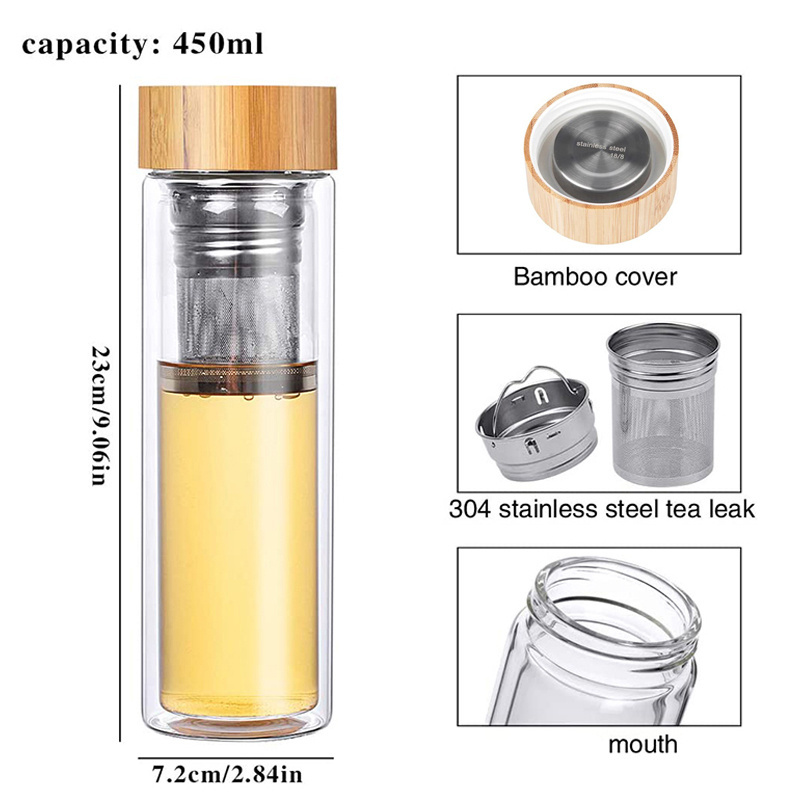 Hot Selling Wholesale Bamboo Lid Double Wall Vacuum 450ml Glass Tea Bottle with Stainless Steel Tea Infuser