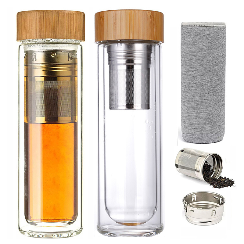 Hot Selling Wholesale Bamboo Lid Double Wall Vacuum 450ml Glass Tea Bottle with Stainless Steel Tea Infuser