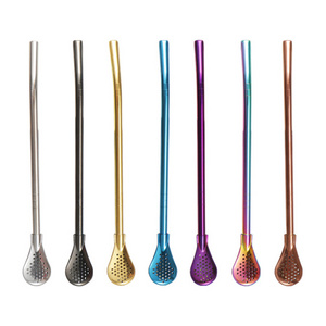 STAINLESS STEEL REUSABLE Yerba Bubble Tea Drinking Straws With Bar Accessories Spoon