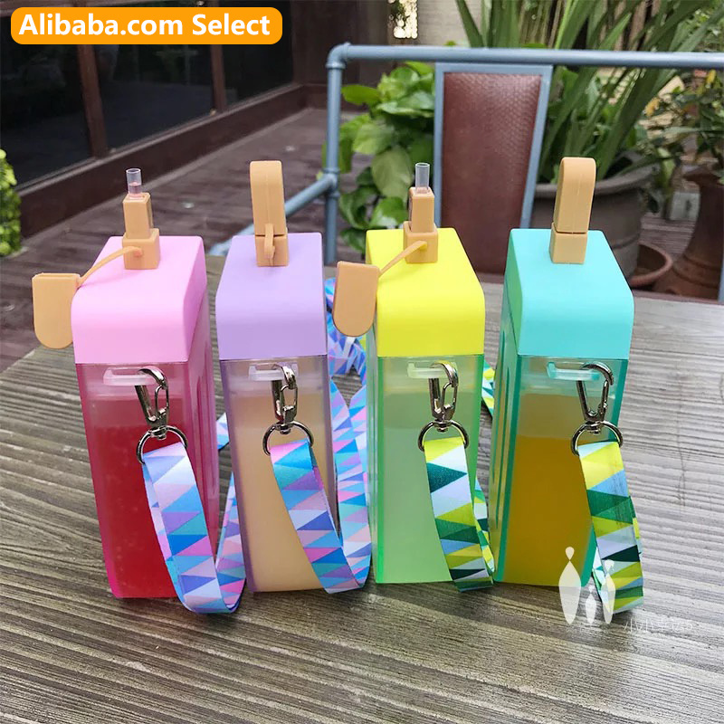 300ml 2024 New Summer Creative Cute Strap Popsicle Ice Cream Plastic Water Bottle  For Kids Student Portable Straw Cup