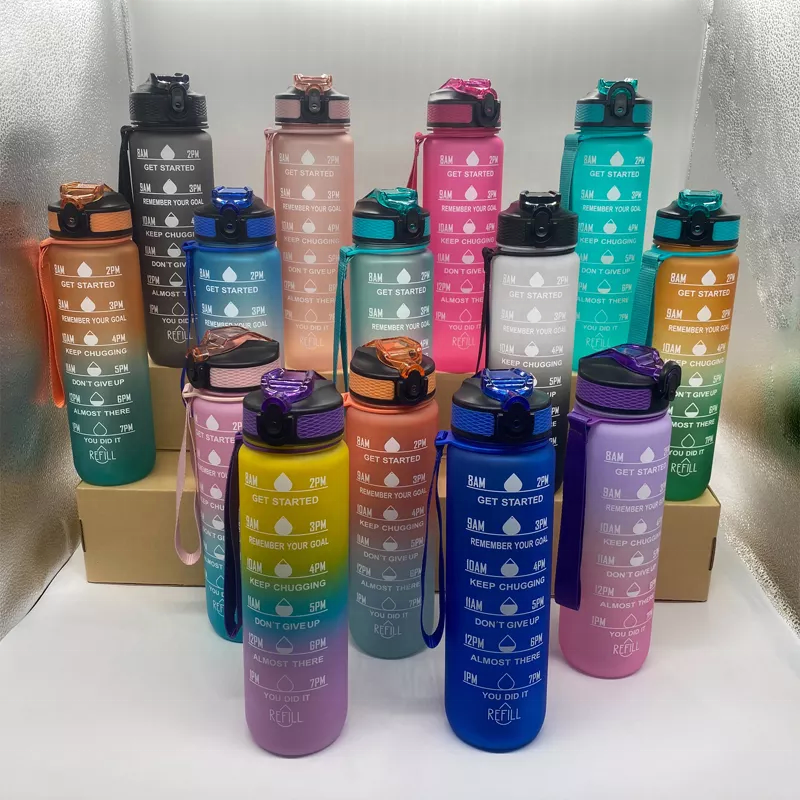 Hot Selling 32oz 1L BPA Free Time Marker Tritan Motivational Custom Logo Straw Tritan Sport Frosted Plastic Water Bottles