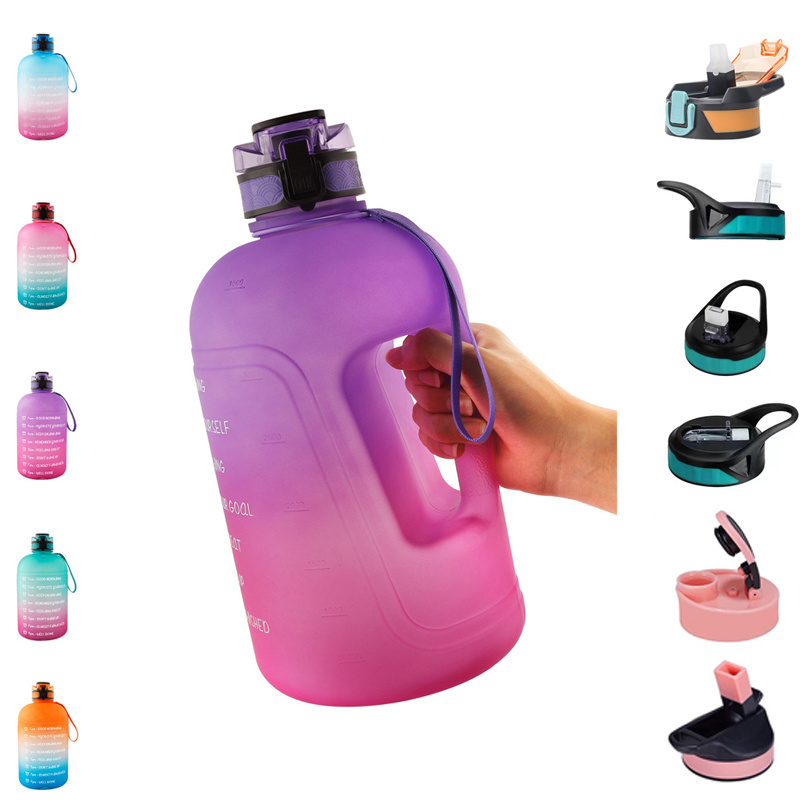 Half 1 Gallon 64oz 2 liter 2L 2.2L 2.5l 64 oz Sport Jug Botol Minum Motivational Gym Water Bottle With Time Marker Straw Sleeve