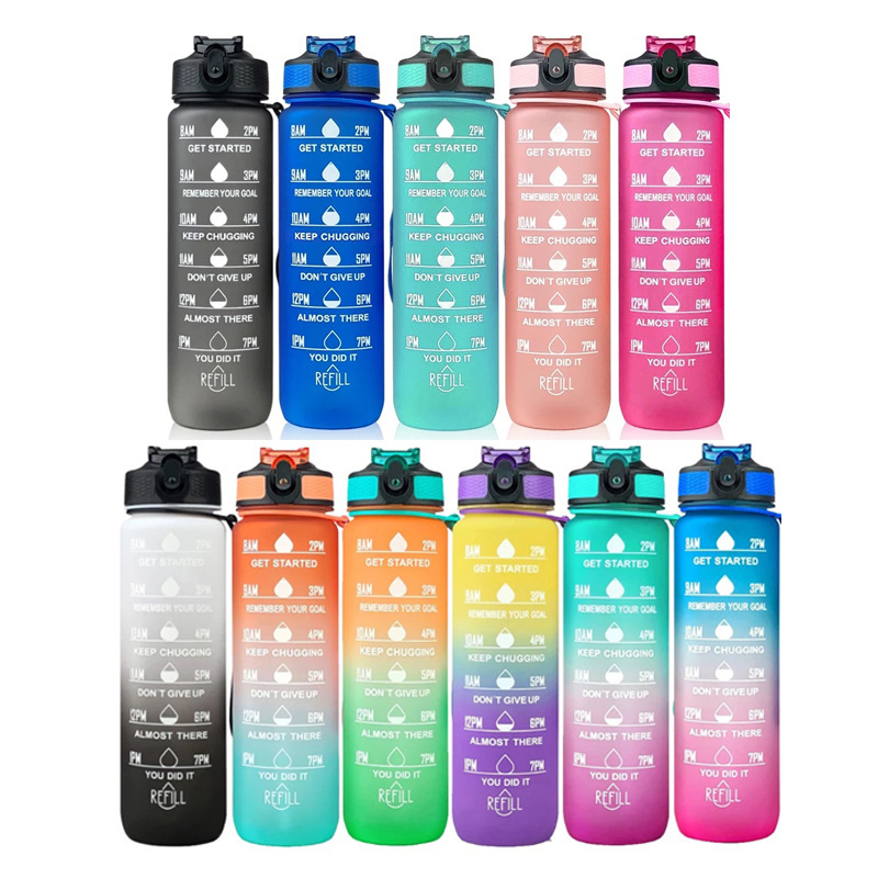 Hot Selling 32oz 1L BPA Free Time Marker Tritan Motivational Custom Logo Straw Tritan Sport Frosted Plastic Water Bottles