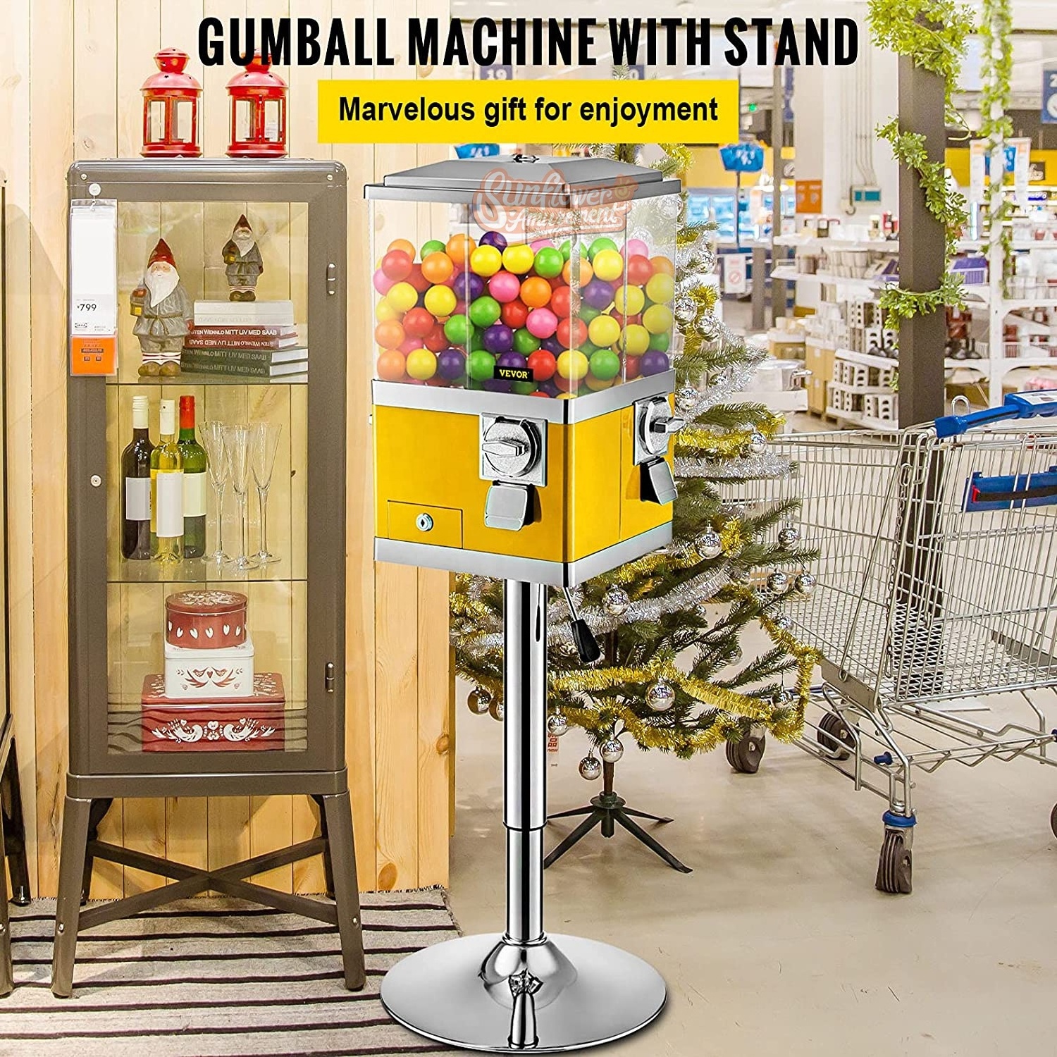 Bubblegum Classic Gumball & Candy Machine Vending Machine with Stand PC & Iron Large Gumball Bank Adjustable Dispenser Wheels fo