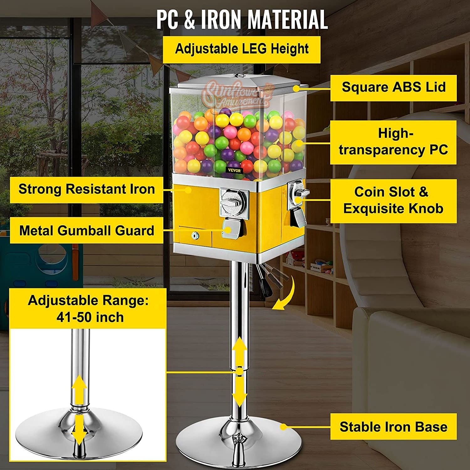 Bubblegum Classic Gumball & Candy Machine Vending Machine with Stand PC & Iron Large Gumball Bank Adjustable Dispenser Wheels fo