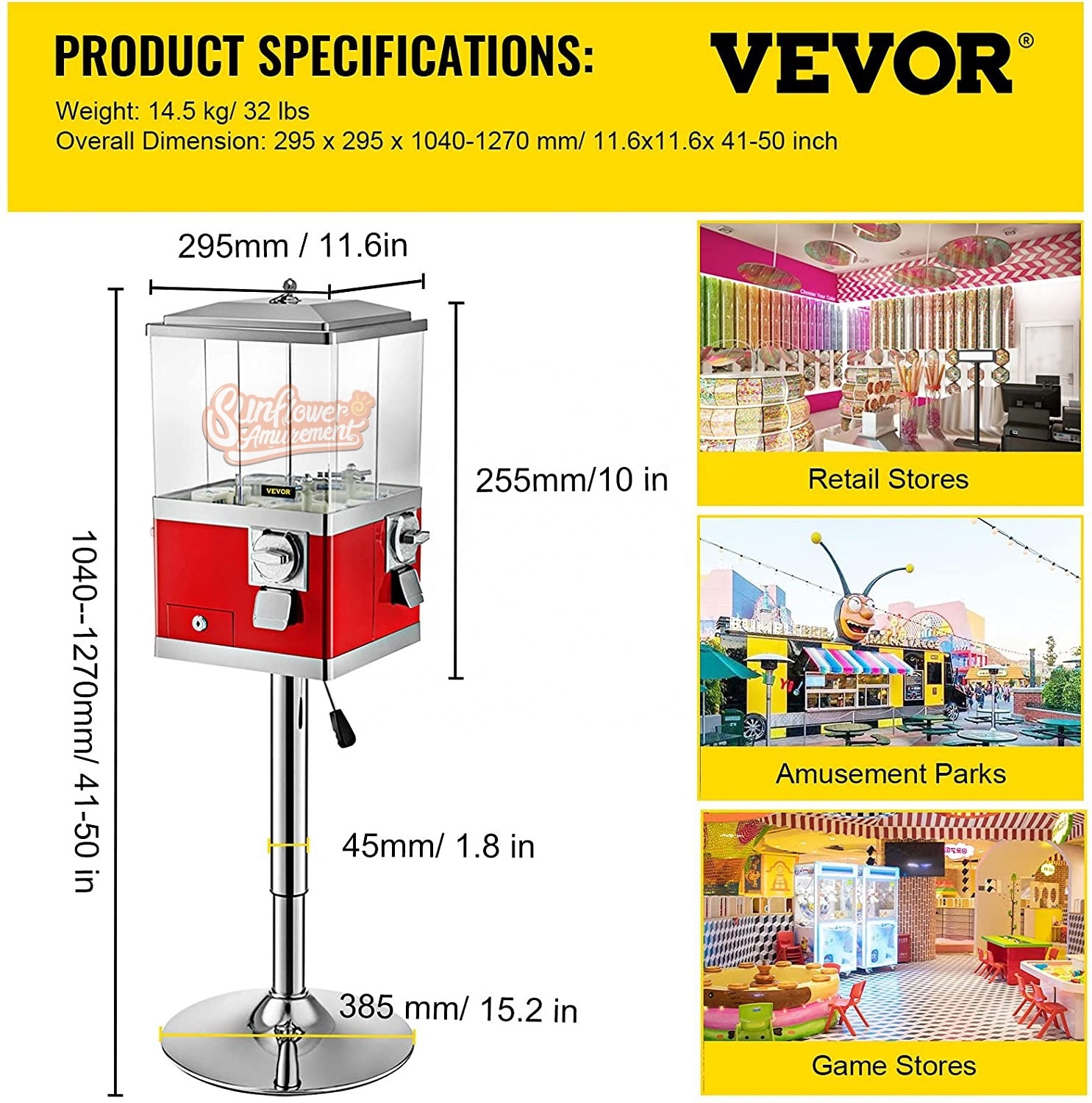 Vending Machine with Stand Quarter Candy Dispenser, Rotatable Four Compartments Square PC & Iron La