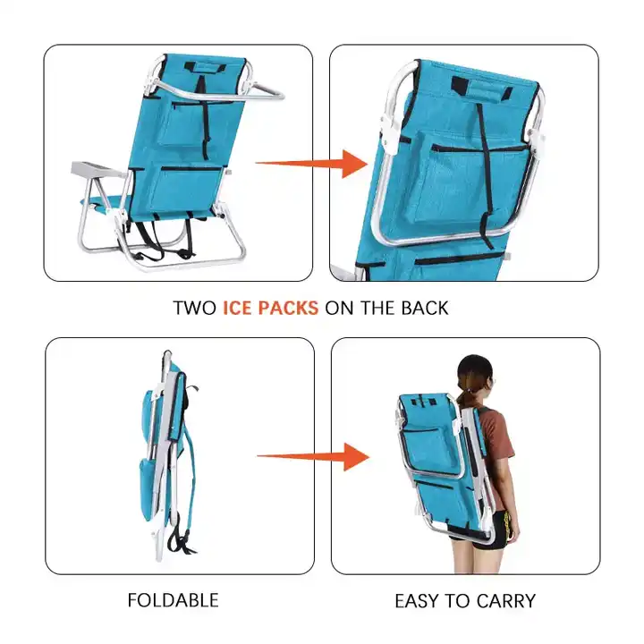 5 Position Adjustable Reclining Lightweight Aluminum Backpack Portable Foldable Beach Chairs with Cooler Bag