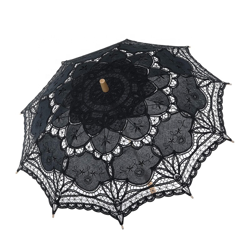 Chinese Decoration Adult Size Black Handmade Embroidered Cotton Fabric Bride Parasol Lace Wedding Umbrella for Bridegroom