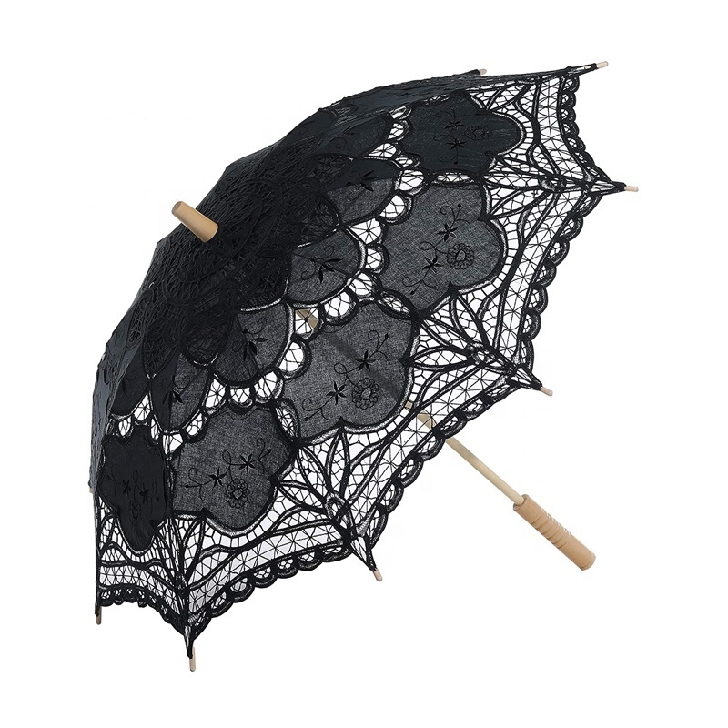 Chinese Decoration Adult Size Black Handmade Embroidered Cotton Fabric Bride Parasol Lace Wedding Umbrella for Bridegroom