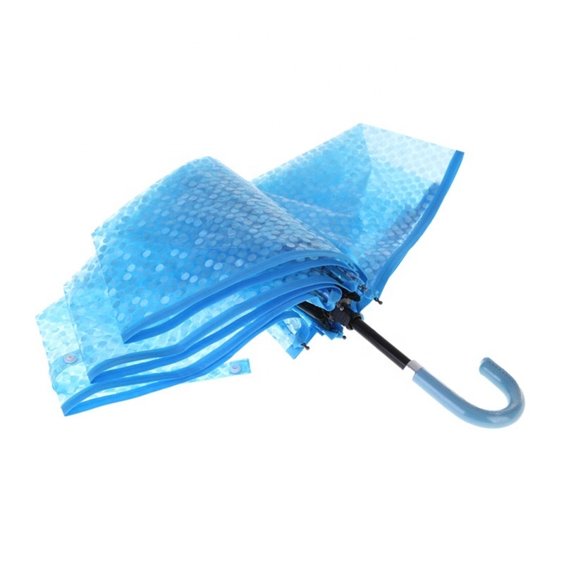 Blue Parapluie Wholesale Custom Color J Handle Plastic PVC Travel 3 Folding Rain Transparent Clear Umbrella for Rain