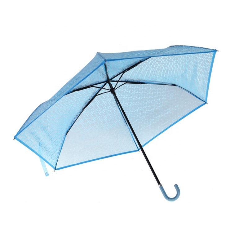 Blue Parapluie Wholesale Custom Color J Handle Plastic PVC Travel 3 Folding Rain Transparent Clear Umbrella for Rain