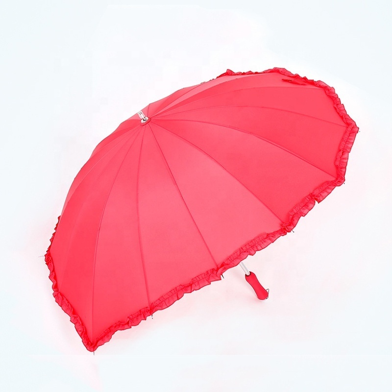 Red Parasol Wedding 16 Ribs 23 Inch Manual Straight Aluminium Girls Love Heart Shape Umbrella with Lace