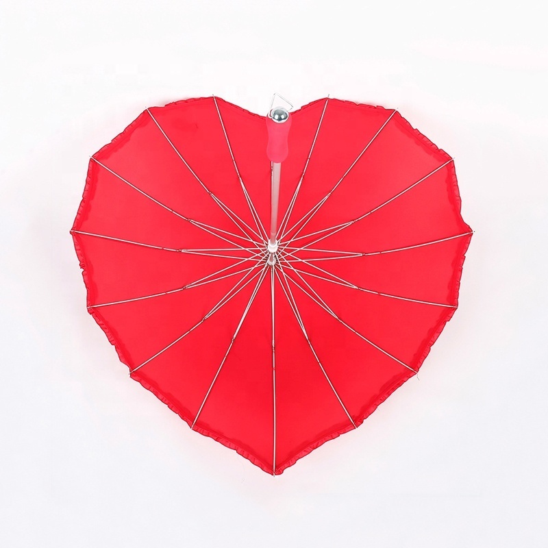 Red Parasol Wedding 16 Ribs 23 Inch Manual Straight Aluminium Girls Love Heart Shape Umbrella with Lace