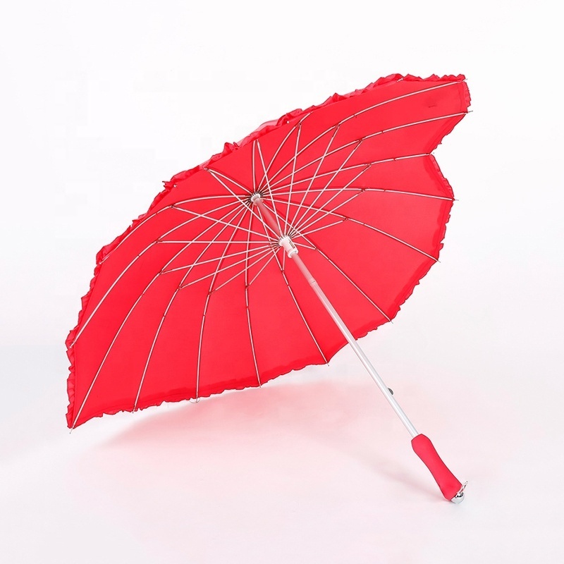 Red Parasol Wedding 16 Ribs 23 Inch Manual Straight Aluminium Girls Love Heart Shape Umbrella with Lace