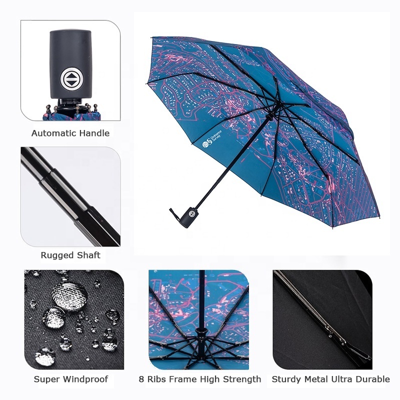 Custom Digital Printing 3-Fold 21 Inch Automatic Open Telescopic Waterproof Folding Umbrella Women for the Rain