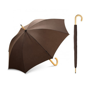 23" Brown Custom Pongee Windproof Waterproof Auto Open Stick Umbrellas with Wooden J Handle Holder