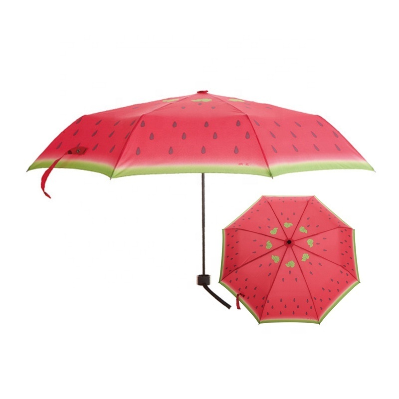 Compact Manual Easy Fold Sun UV Silver Coated Inside Watermelon Fruit Pattern Heat Transfer Printed Waterproof Folding Umbrella