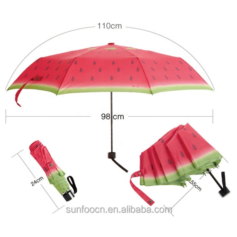 Compact Manual Easy Fold Sun UV Silver Coated Inside Watermelon Fruit Pattern Heat Transfer Printed Waterproof Folding Umbrella