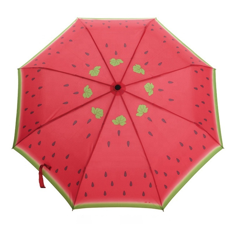 Compact Manual Easy Fold Sun UV Silver Coated Inside Watermelon Fruit Pattern Heat Transfer Printed Waterproof Folding Umbrella