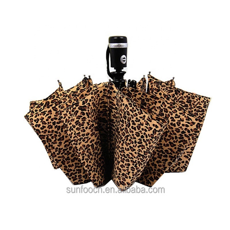 10 Ribs Fold Windproof Custom Auto Open And Close Leopard Printed Rain Umbrella