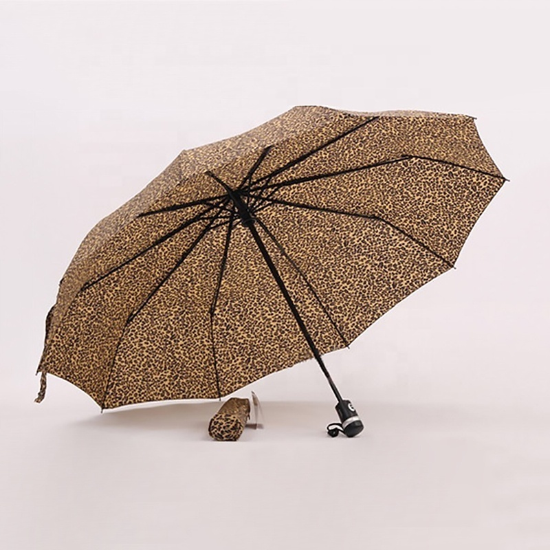 10 Ribs Fold Windproof Custom Auto Open And Close Leopard Printed Rain Umbrella