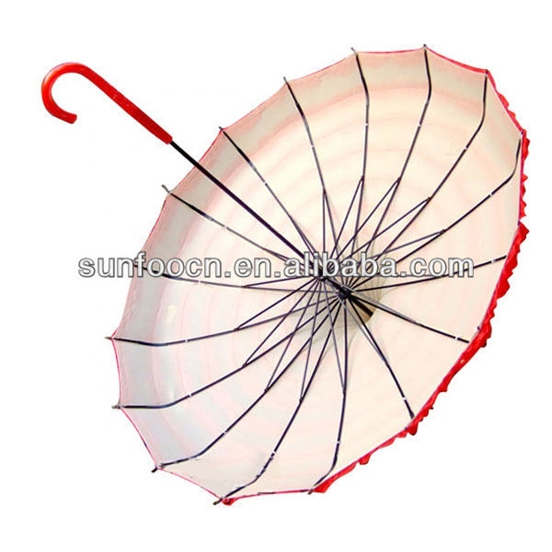 23Inch 16 Panels White Fancy Romantic Lace Flap Red Ruffle Wedding Parasol Pagoda Umbrella