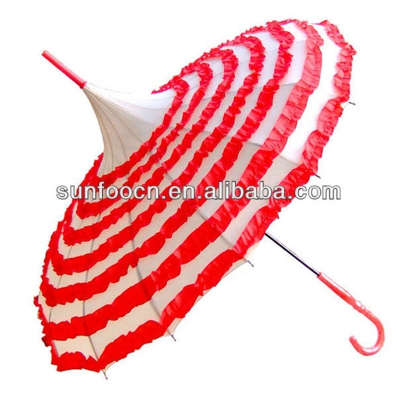 23Inch 16 Panels White Fancy Romantic Lace Flap Red Ruffle Wedding Parasol Pagoda Umbrella