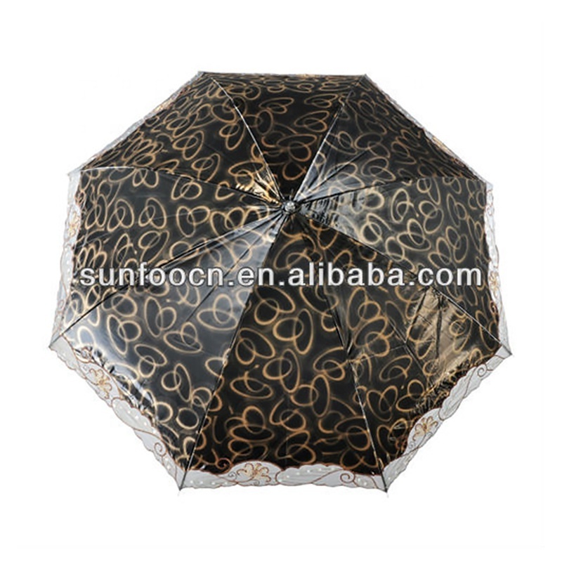 Fashion Fancy Embroidery Flower Ladies Manual Compact 2 Folds Umbrella with Lace Ruffle