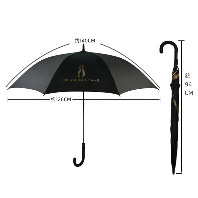 27 Inch High Quality Super Windproof UV Protection Customized Black Gold Logo Print Straight Branded Gold Umbrella