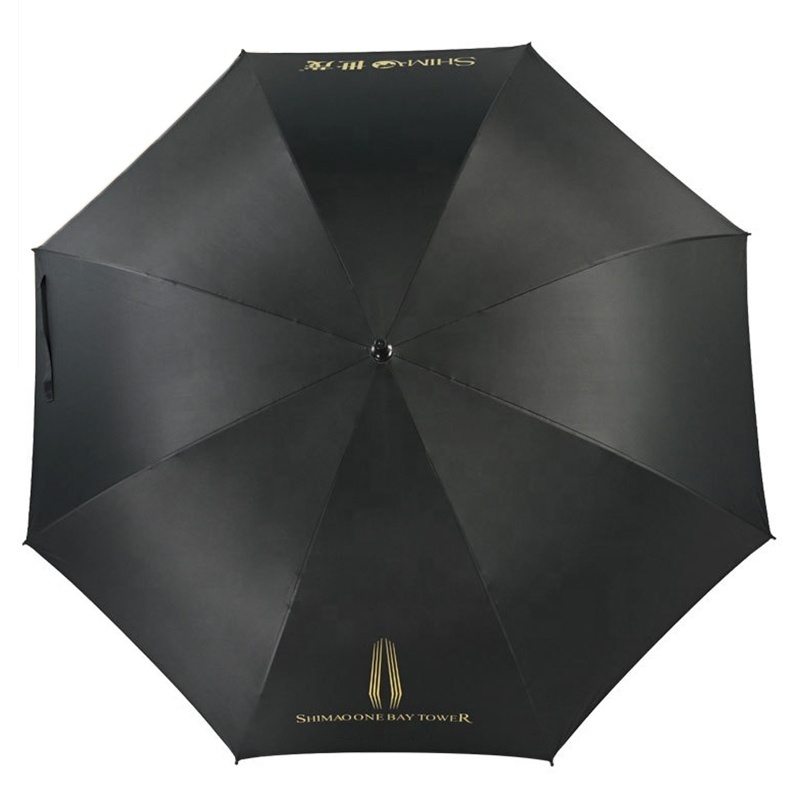 27 Inch High Quality Super Windproof UV Protection Customized Black Gold Logo Print Straight Branded Gold Umbrella