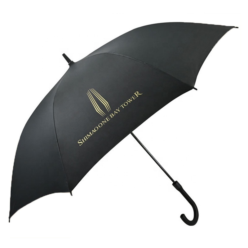 27 Inch High Quality Super Windproof UV Protection Customized Black Gold Logo Print Straight Branded Gold Umbrella